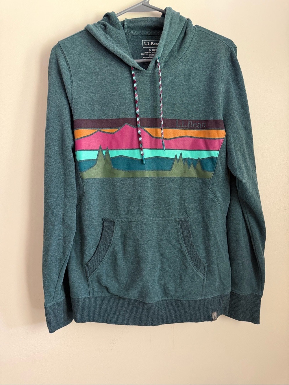 L.L. Bean Small Mountain Graphic Hoodie Teal Outdoor Hiking Camp Sweatshirt